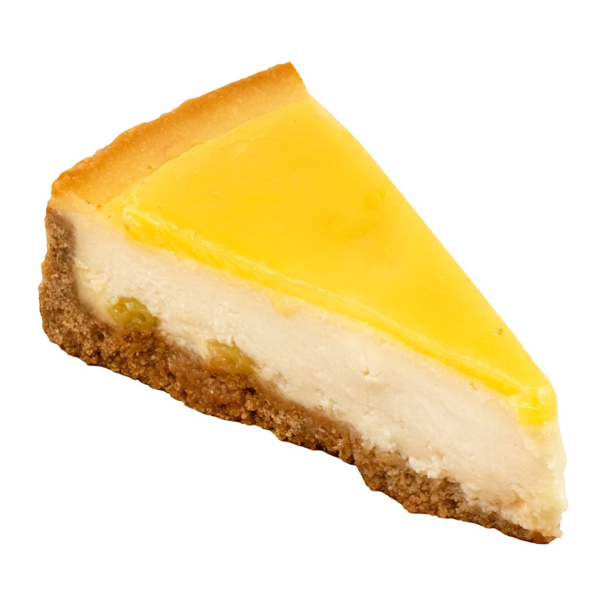 A slice of lemon cheesecake with a crumbly crust on a white background
