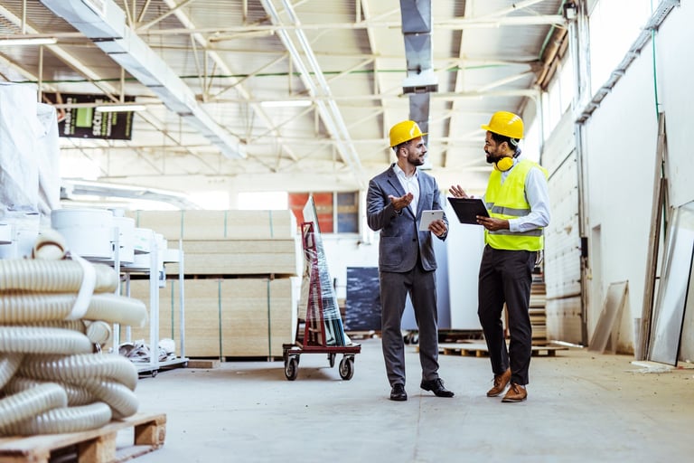 Industrial engineers discussing project details inside a large manufacturing facility