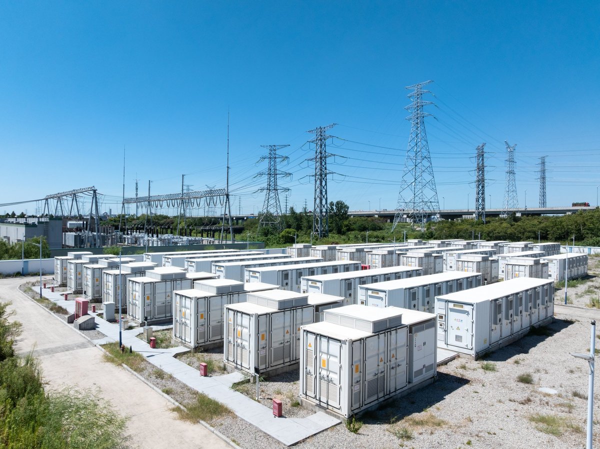 Aerial view of battery energy storage systems in the open landscape