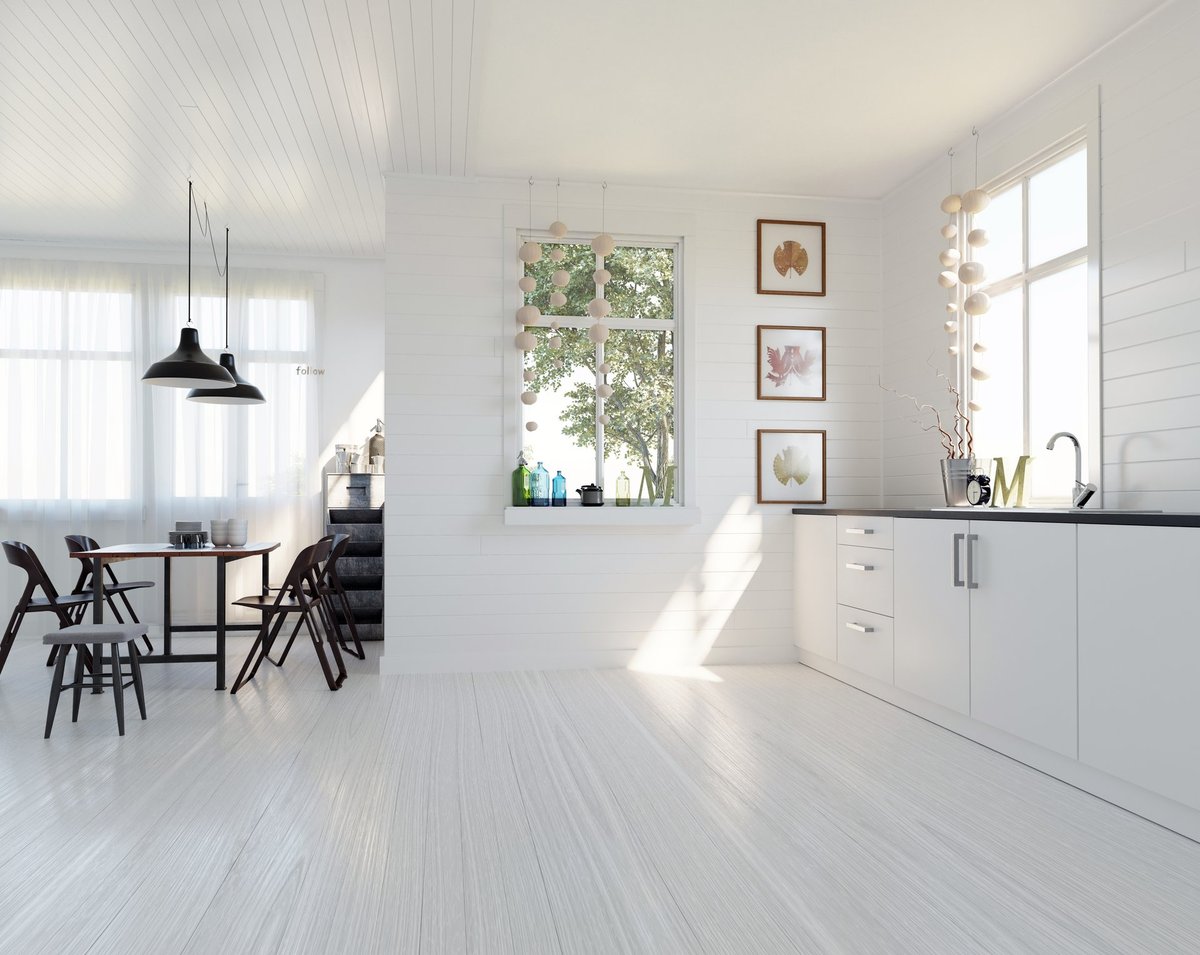 Lyst kjøkken med spisebord og blomster