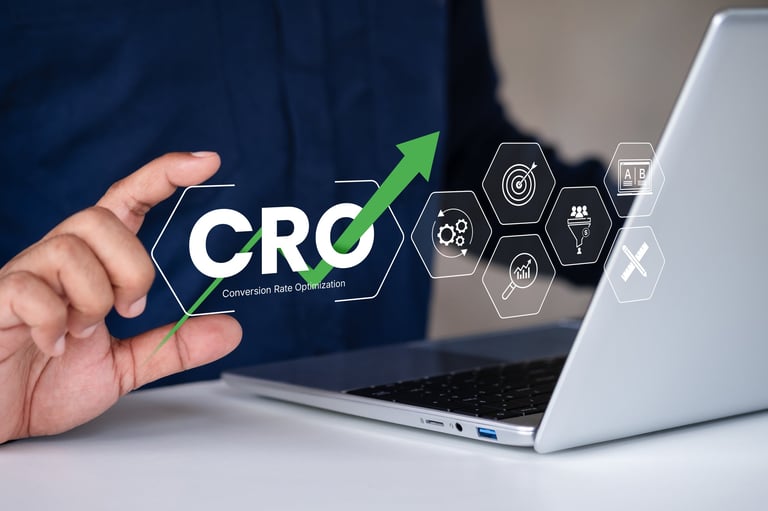 Conversion Rate Optimization strategy with digital marketing funnel showing awareness, interest, and conversion stages
