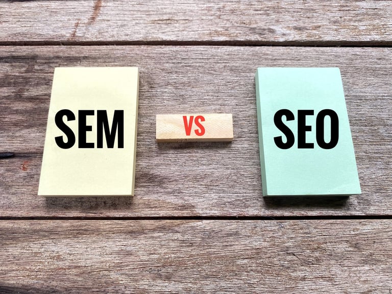 Side-by-side comparison of SEO and SEM strategies for increasing website visibility on search engines