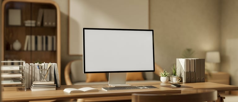 Modern desktop computer displaying a premium website mockup on a wooden desk