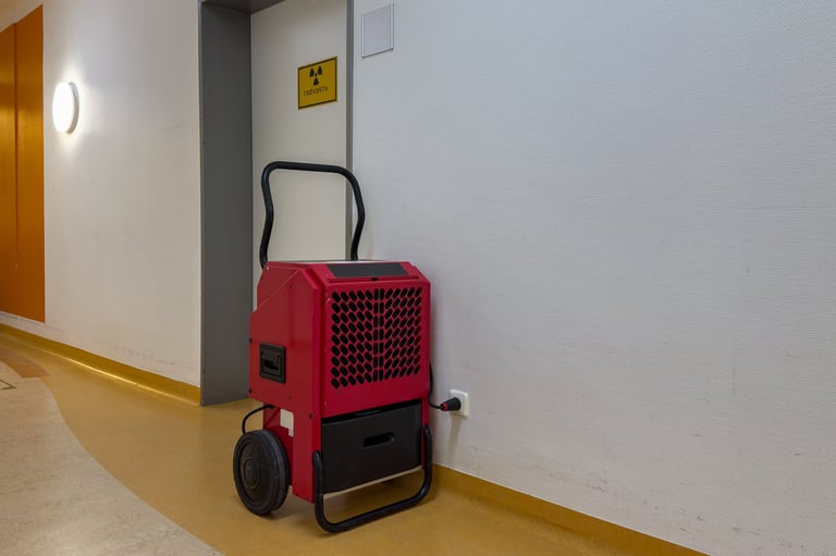 Professional dehumidifier drying equipment in hallway
