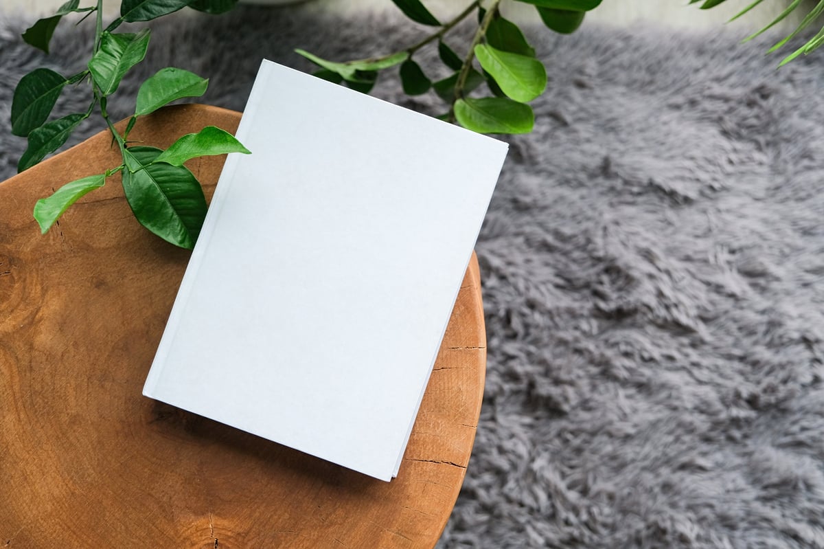 Interior design book on decorative table with plants and rug