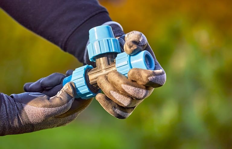 Close-up of hands installing irrigation fittings and connectors for a lawn sprinkler system