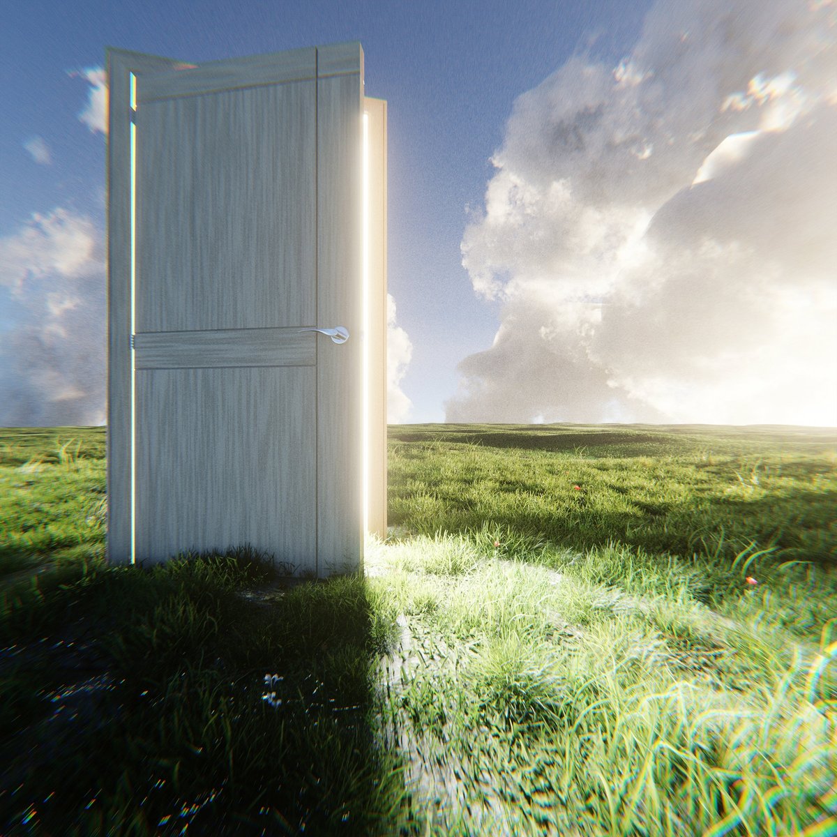 An open door standing in a field with bright light — symbolizing the threshold from limitation into possibility
