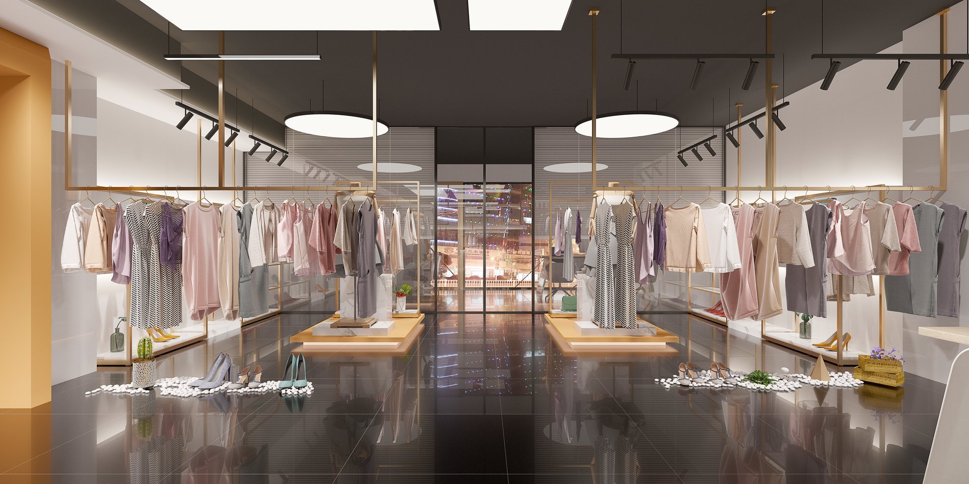 Modern fashion retail shop interior with warm lighting and minimalist displays.