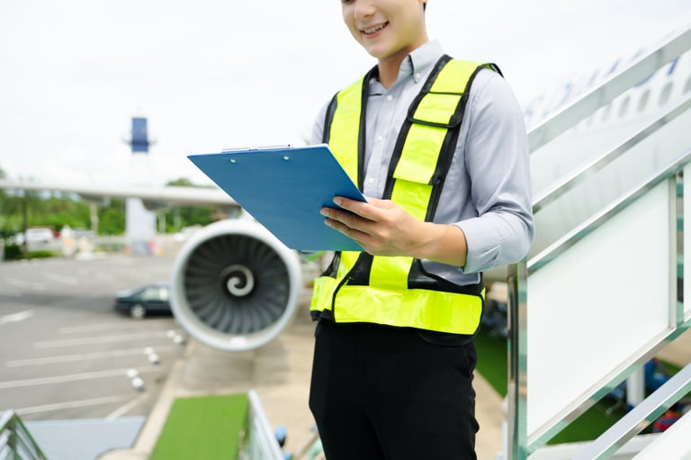 Ground crew engineer inspecting airplane on tarmac