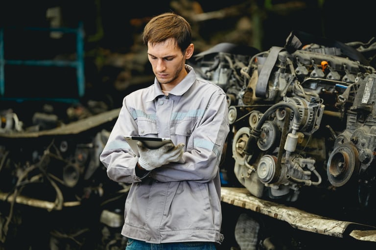 Technician checking used car engine block at scrap yard