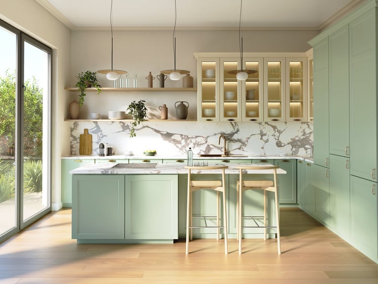 3d rendering of a light green and beige rustic country kitchen with white calacatta marble