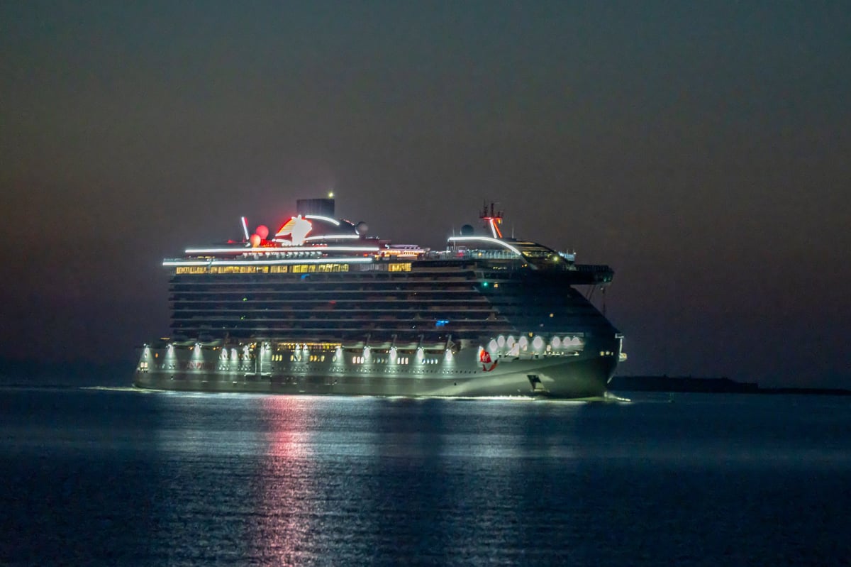 Charleston, SC, USA - October 14, 2025: The Virgin Voyages cruise ship Brilliant Lady, with a capacity of 3,102 passengers and 1,160 crew members, flagged to Bahamas, sails into Charleston Harbor.