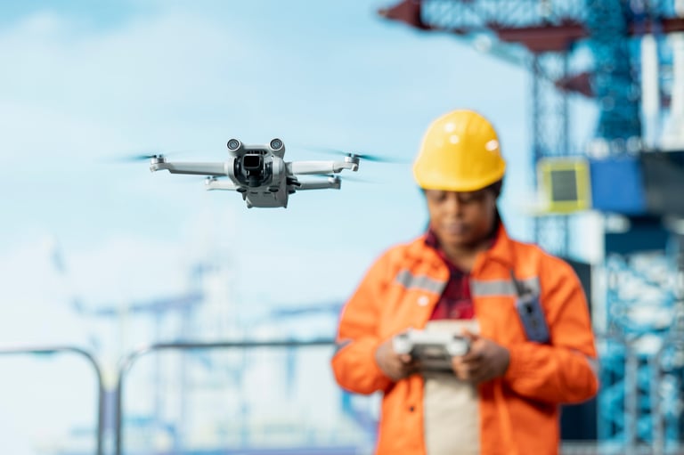 Drone operator conducting aerial survey at industrial site