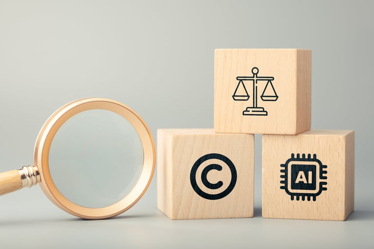 AI chip copyright and justice scale icons representing artificial intelligence copyright ethics and legal regulation