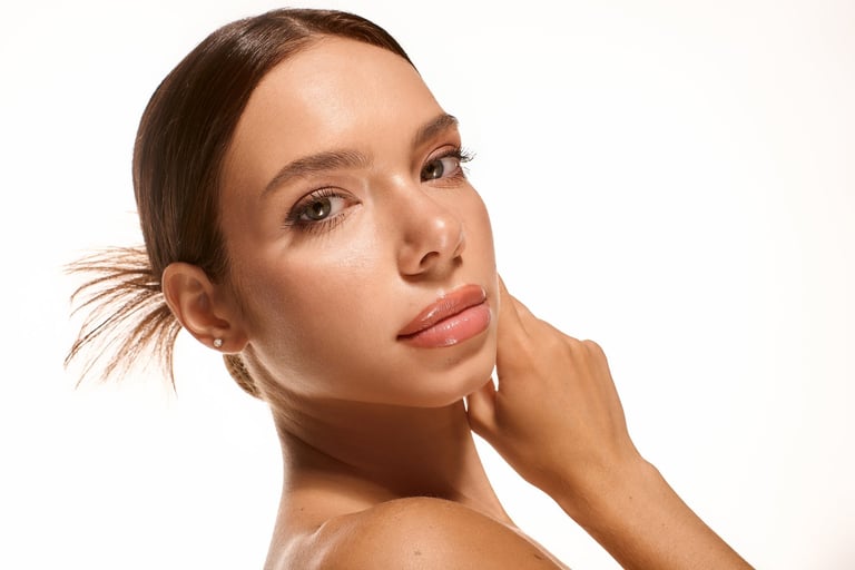 Graceful young woman posing confidently with subtle makeup