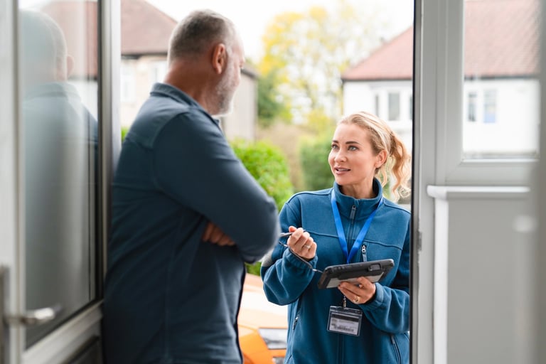 Service provider at doorway with homeowner using tablet
