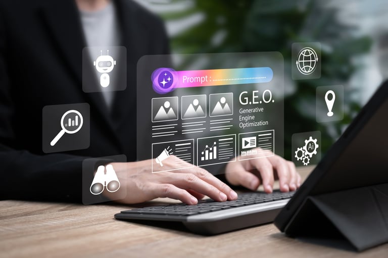 Businesswoman using AI technology for GEO and SEO strategy on digital interface