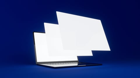 Laptop with floating design screens representing web design concepts