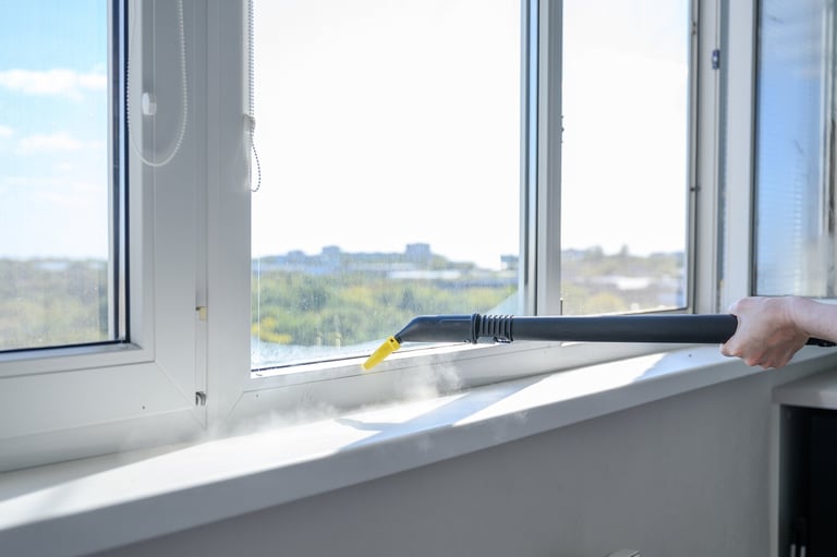 Steam cleaner nozzle cleaning window sill