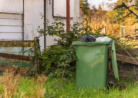 Green wheelie bin overflowing in a garden