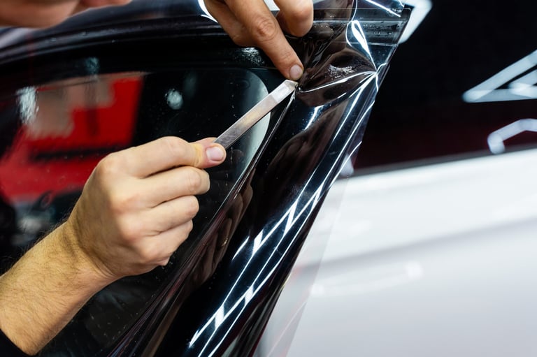 Professional window tint film installation on car side window