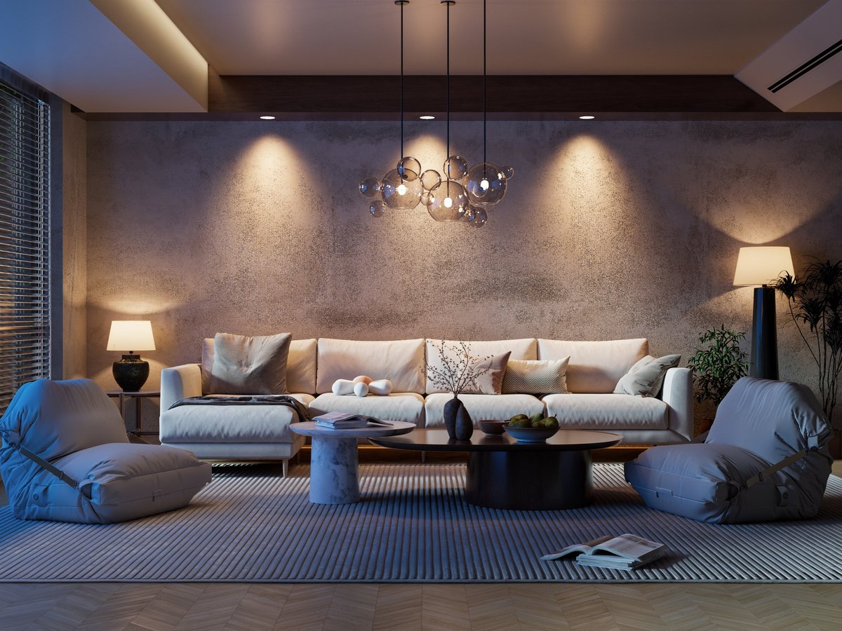 Dramatic night living room high contrast interior with warm spotlights and modern furniture