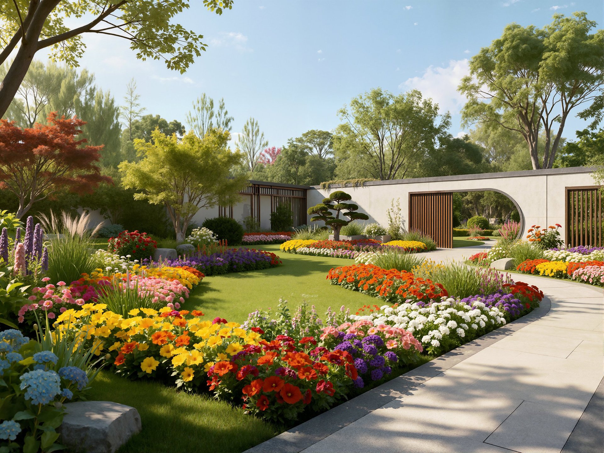 Jardín residencial con áreas verdes y senderos