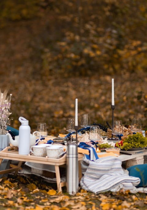 Cozy picnic setup with candles, fairy lights, pillows, and blankets