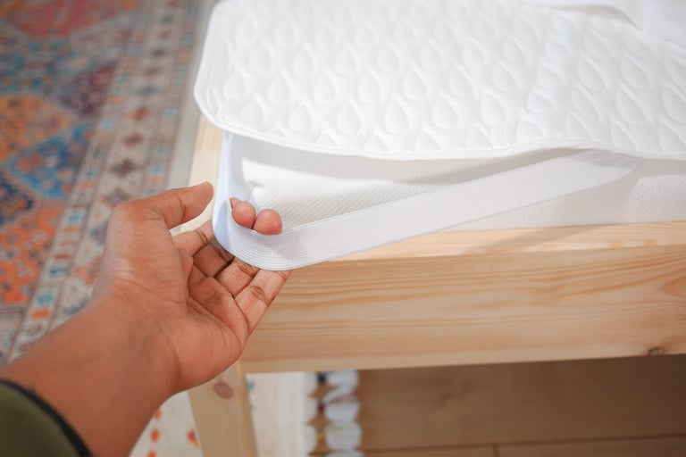 White quilted fitted mattress pad on a bed