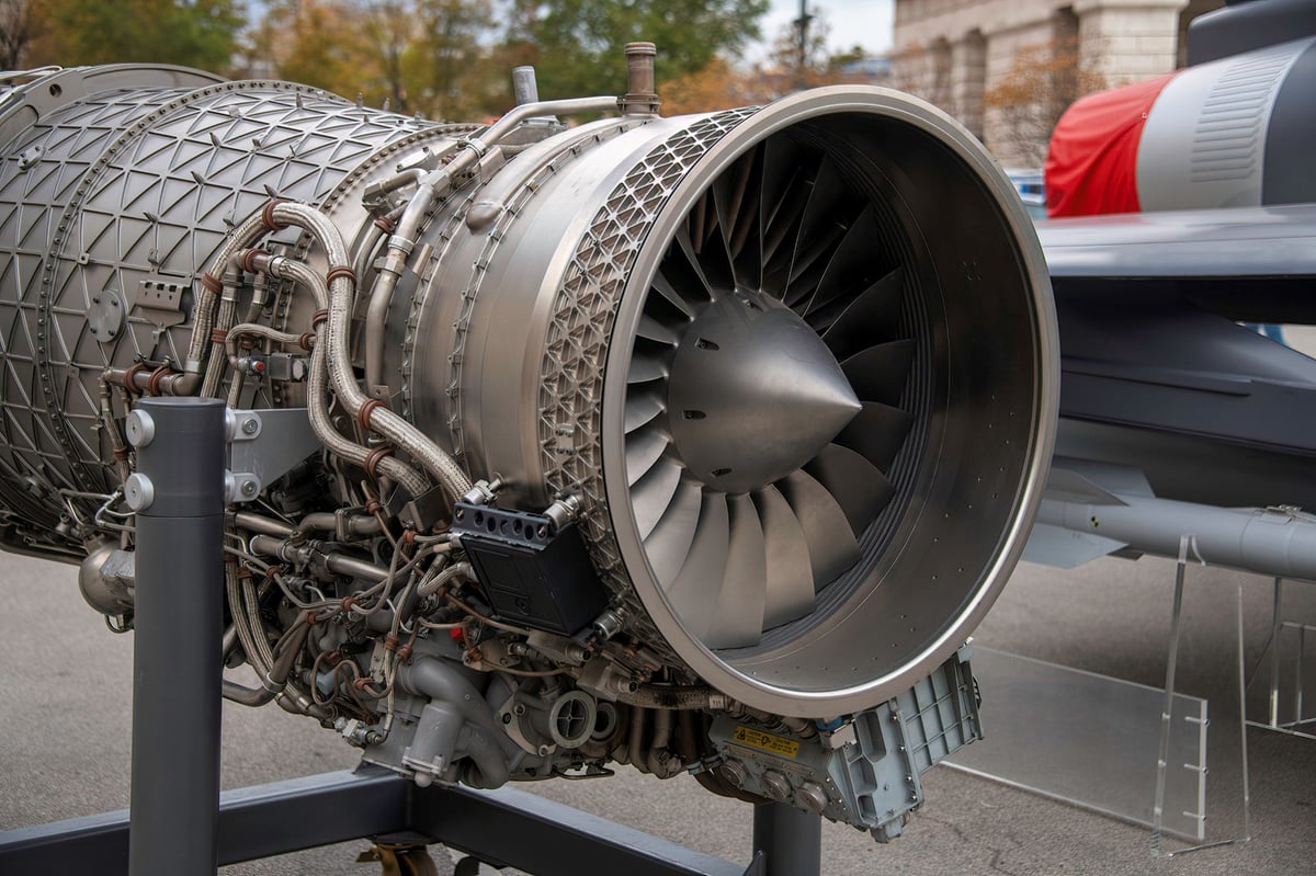fighter jet engine turbine in close up