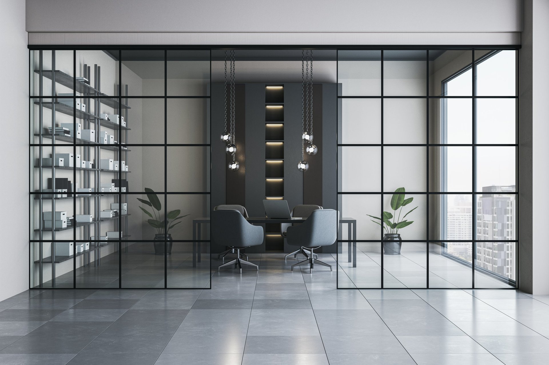 Elegant modern office interior with glass partition walls, city view background, minimalist desk setup, and sleek lighting