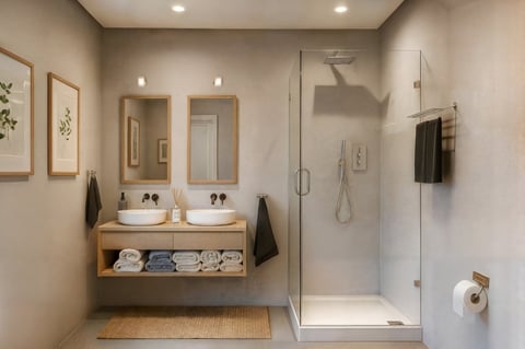 Modern bathroom with a glass walk-in shower and double vanity in neutral tones