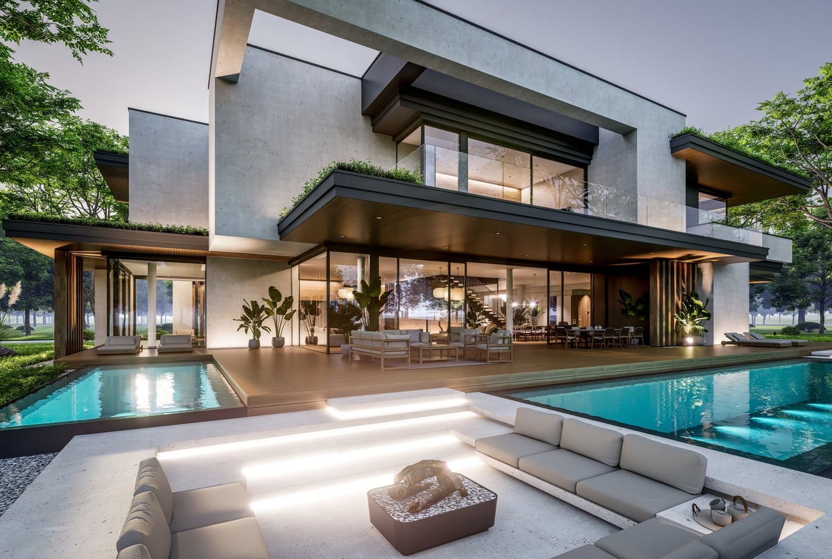 Two-story modern residence with pool and landscaping
