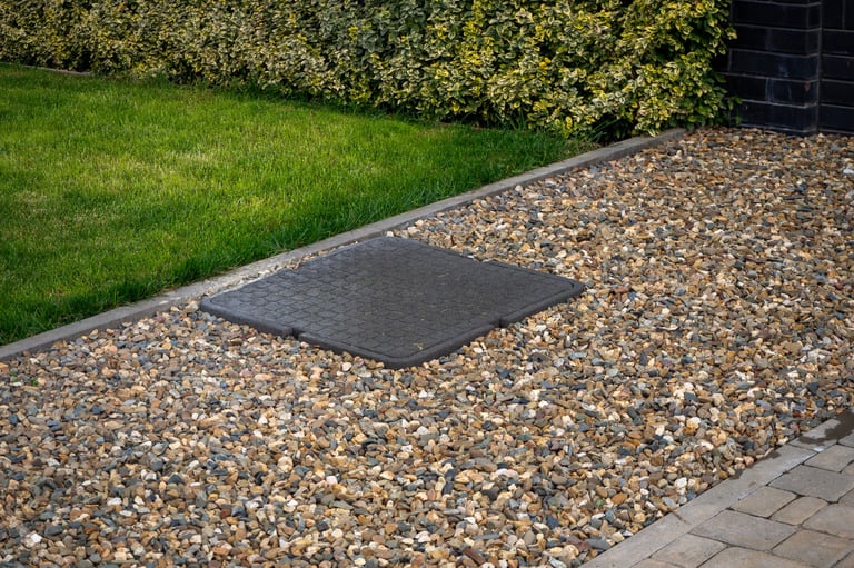 Rectangular utility access cover in gravel bed beside green lawn and variegated hedge