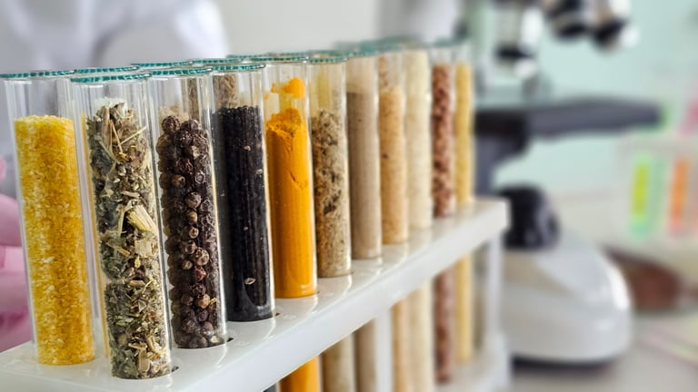 Test tubes filled with various herbs and spices arranged on a lab bench during a research activity
