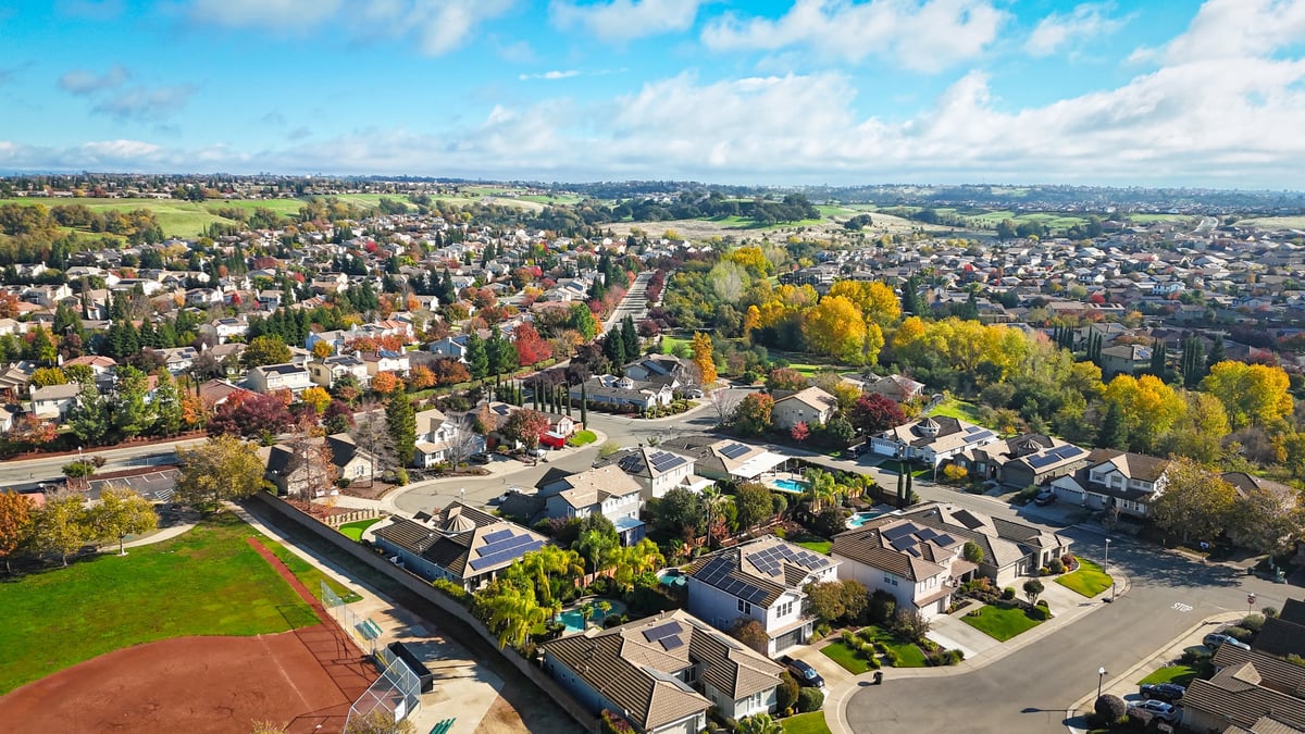 Aerial view of a suburban neighborhood in the Pacific Northwest region