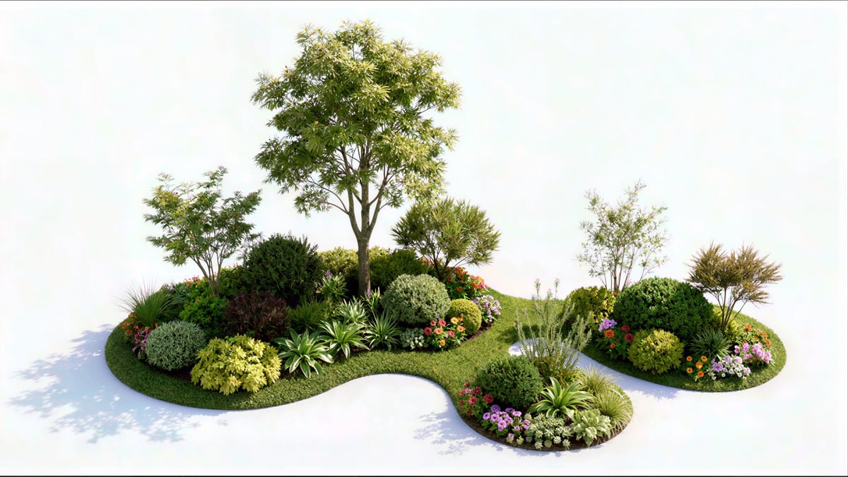 Meticulously designed garden landscape with manicured lawns and structured planting beds