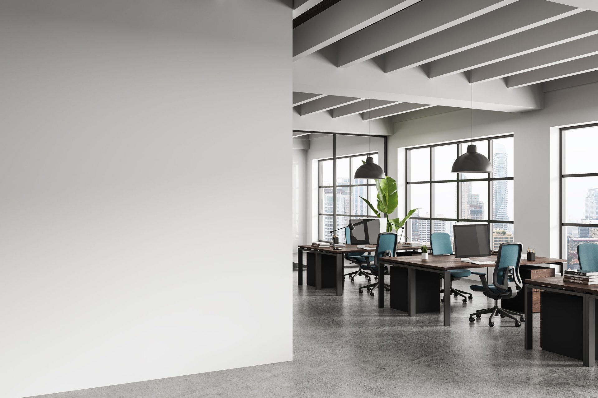 Contemporary office interior with clean empty wall
