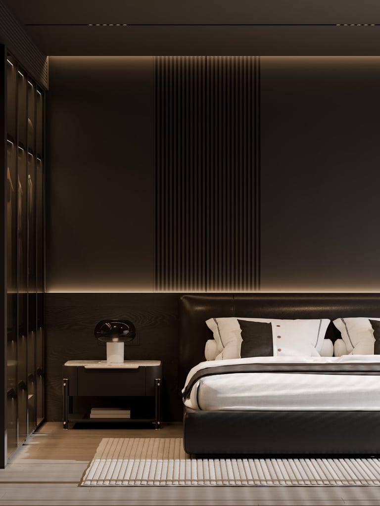 Deluxe Garden Room with elegant dark-toned bedroom