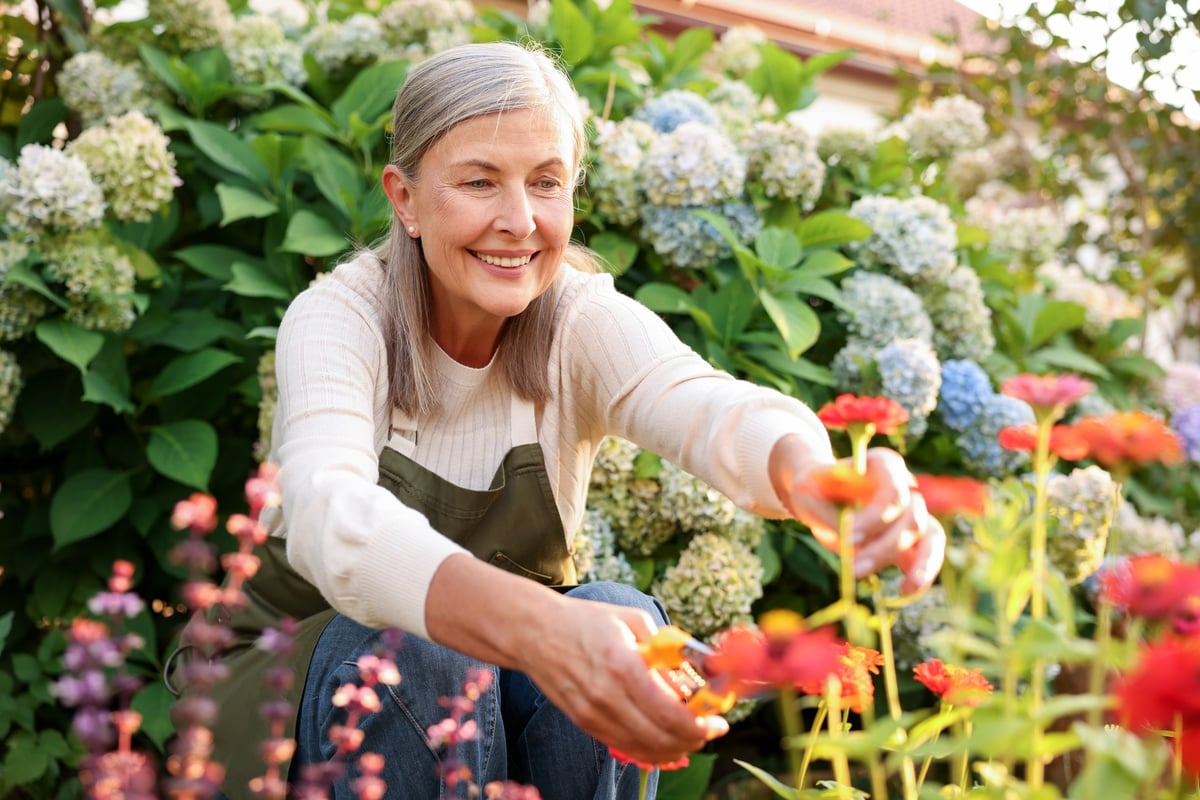Mujer mayor podando flores con tijeras de jardinería