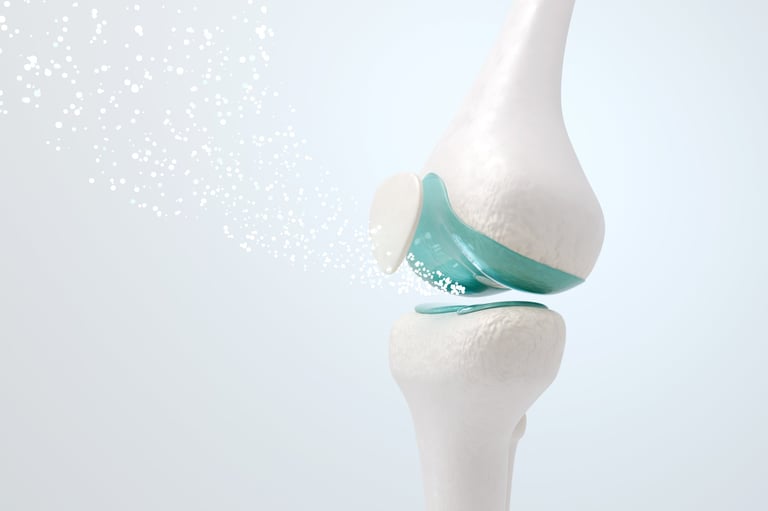 Ilustración 3D de la articulación de la rodilla mostrando cartílago, meniscos y estructuras óseas preservadas — estética editorial premium