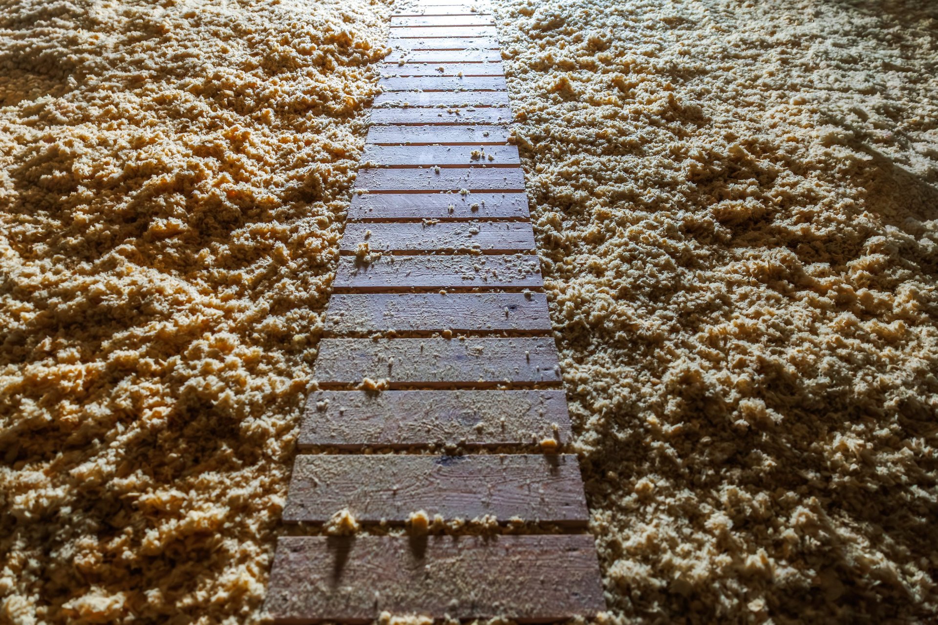 Blown cellulose insulation blanketing an attic floor