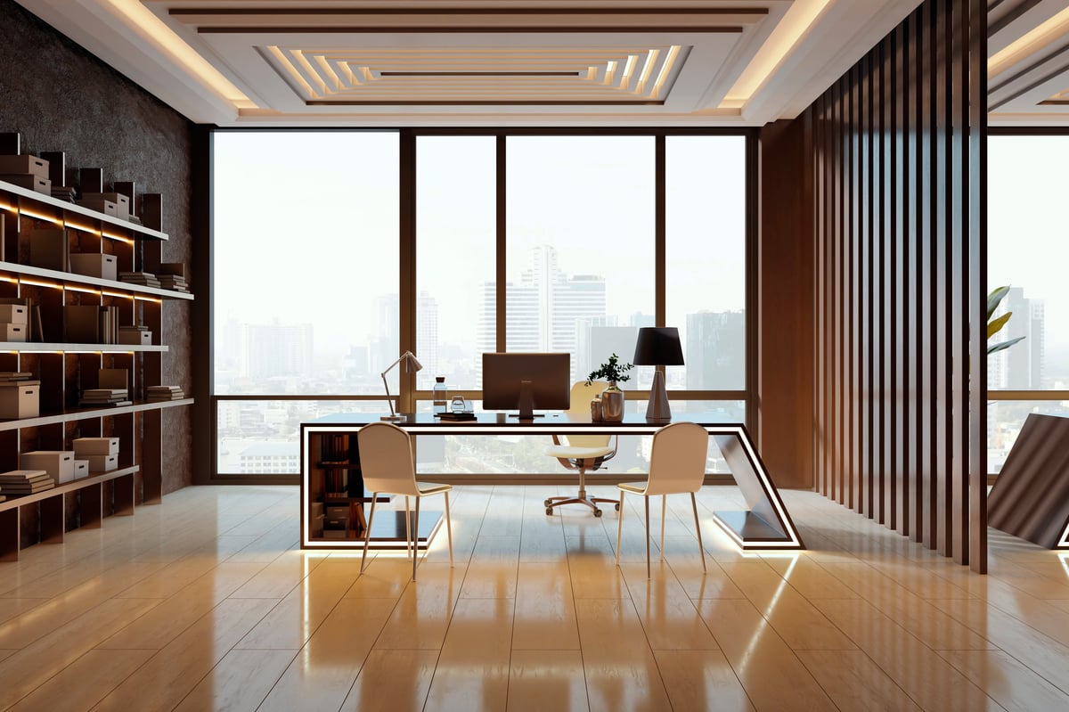 Sophisticated modern office interior with glass and natural light