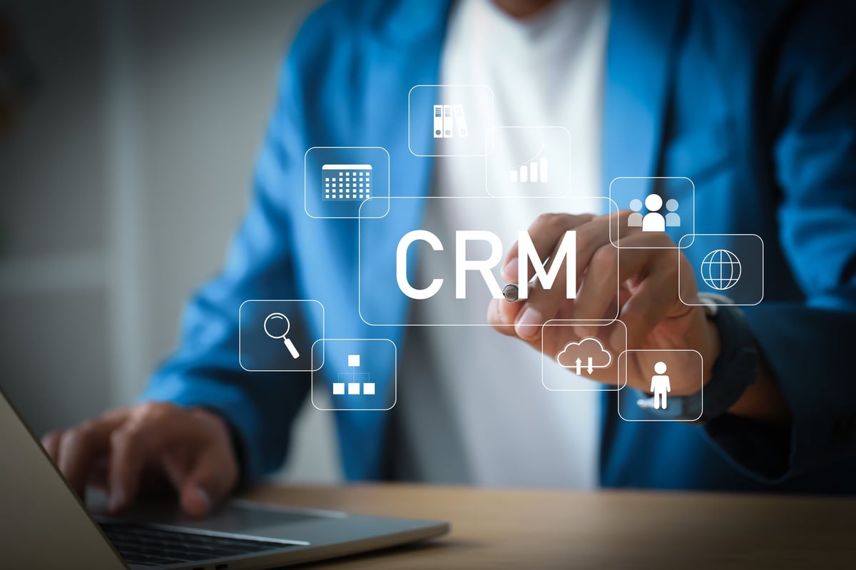 Digital CRM automation system software on a modern laptop for customer engagement.