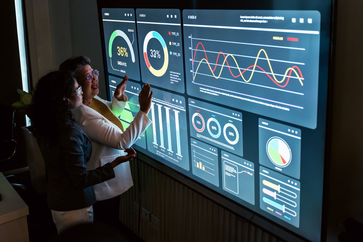 Senior executive reviewing technology vendor dashboard and software analytics on large digital screen
