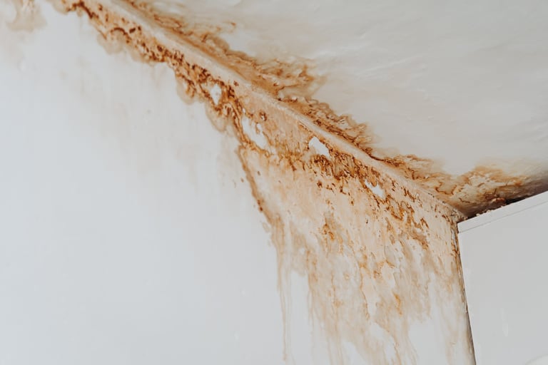 Water damage streaks on ceiling and wall from flooding