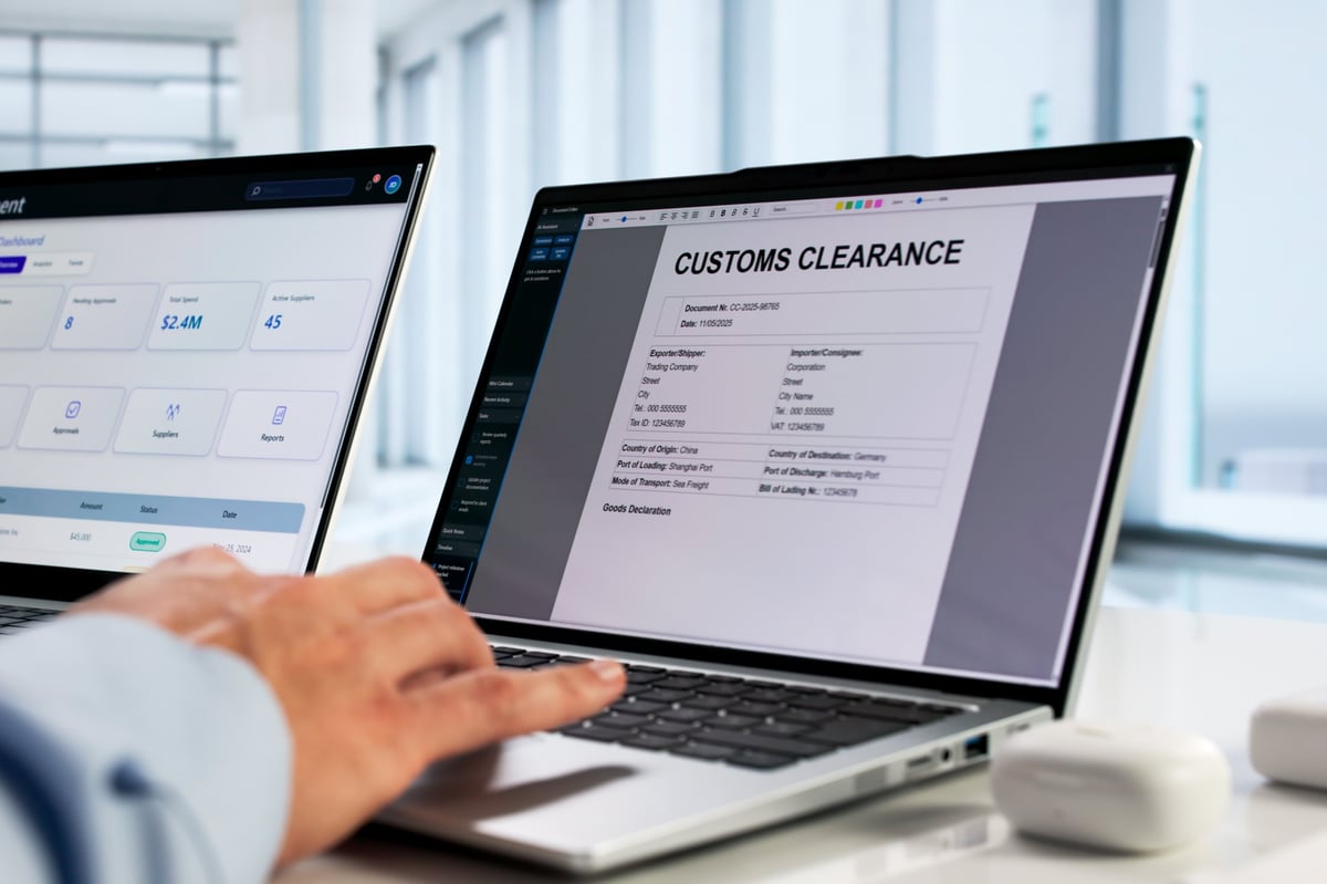Professional Man Completing Import Export Clearance Form On Laptop Computer