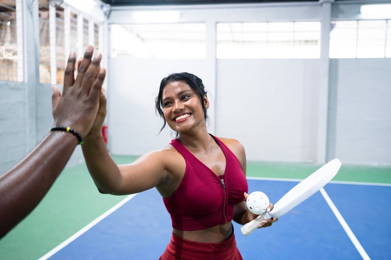 Two happy pickleball players giving a high five after scoring a point during an indoor match