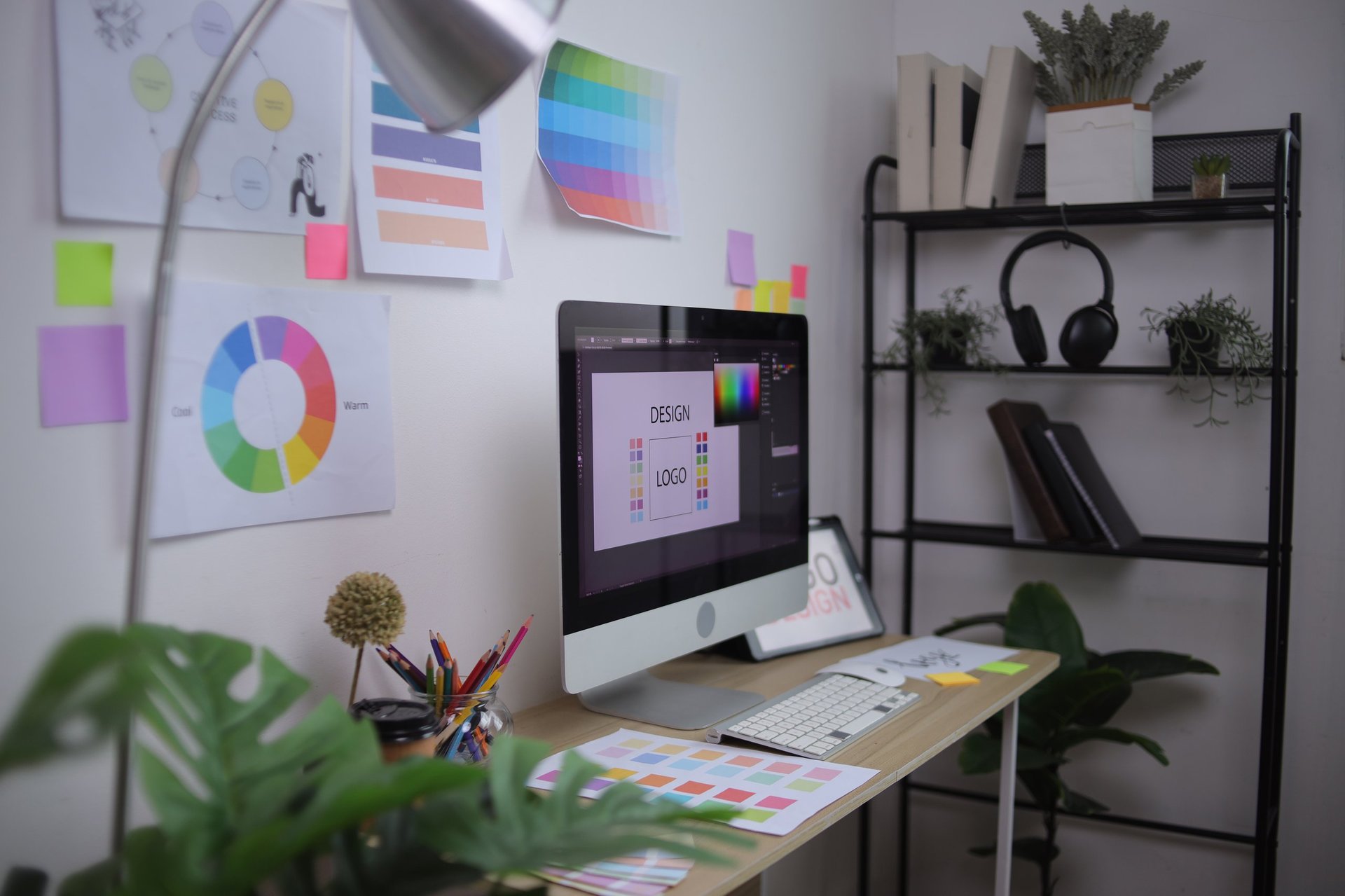 Modern graphic design workspace with a logo concept on screen