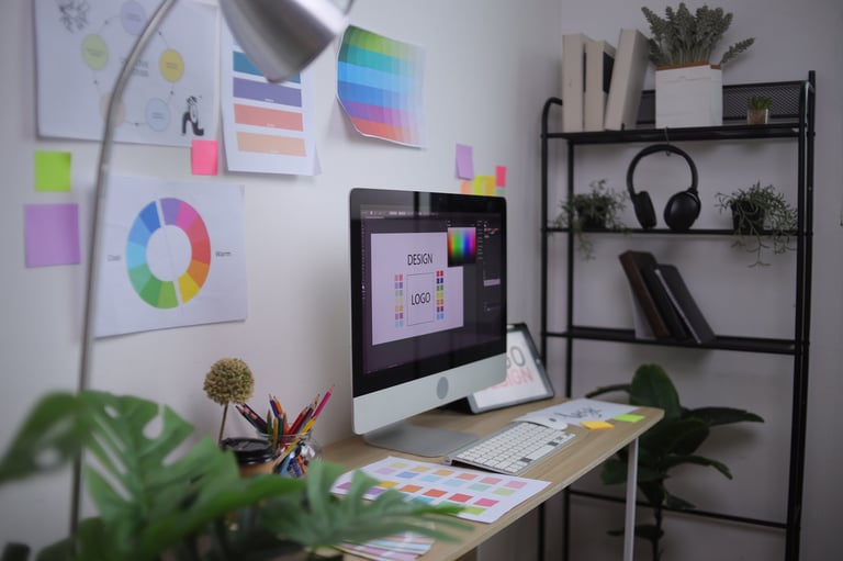 Modern graphic design workspace with a logo concept on screen
